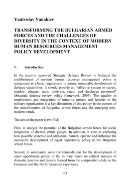 Transforming the Bulgarian Armed Forces and the Challenges of Diversity in the Context of Modern Human Resources Management Policy Development