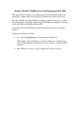 Hackney Marshes: Wildlife Survey and Management Plan 2004