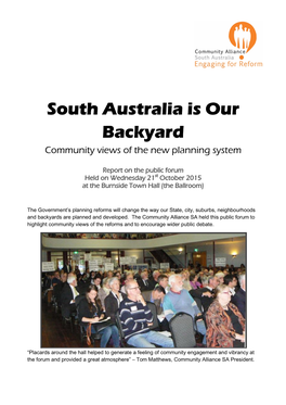 FORUM REPORT – South Australia Is Our Backyard 21St Oct 2015
