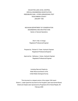 Houghton Lake Level Control Special Engineering Investication Reedsburg Dam – Hydro (Drawdown) Test Roscommon County January 1954