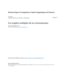 Les Emplois Multiples De No En Bezanozano Jeannot Fils Ranaivoson Université D'antananarivo, Jfranaivoson@Yahoo.Fr