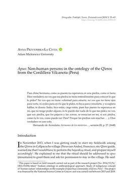 Apus: Non-Human Persons in the Ontology of the Q’Eros from the Cordillera Vilcanota (Peru) Apus: Non-Human Persons in the Ontology…