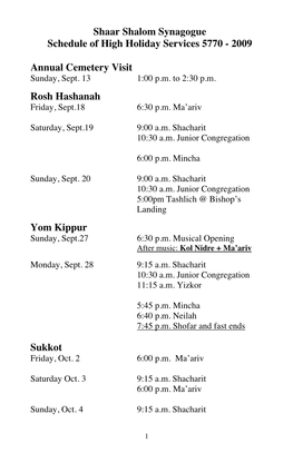 Shaar Shalom Synagogue Schedule of High Holiday Services 5770 - 2009