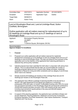 Land at Woodington Road And, Land at Lindridge Road, Sutton Coldfield, Birmingham Outline Application with All Matters Reserved