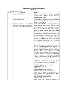 Application for Environmental Clearance Form – I (I) Basic Information: S