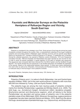 Faunistic and Molecular Surveys on the Pistachio Hemiptera of Rafsanjan Region and Vicinity, South East Iran