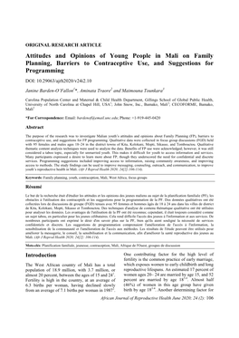 Attitudes and Opinions of Young People in Mali on Family Planning, Barriers to Contraceptive Use, and Suggestions For