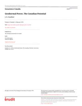 Geothermal Power, the Canadian Potential J