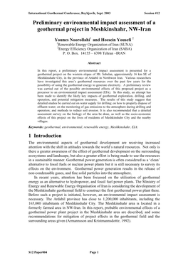 Preliminary Environmental Impact Assessment of a Geothermal Project in Meshkinshahr, NW-Iran