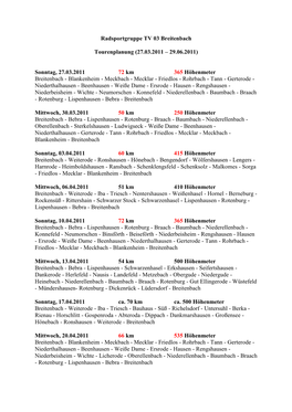 Tourenplanung Vom 27.03.2011 Bis Zum 29.06.2011