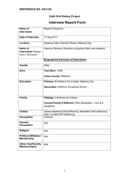 GAA Oral History Project Interview Report Form