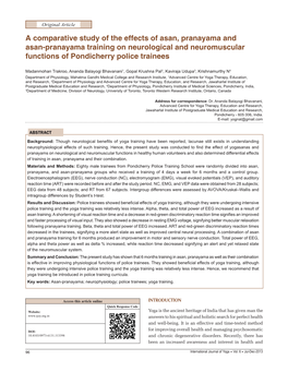 A Comparative Study of the Effects of Asan, Pranayama and Asan-Pranayama Training on Neurological and Neuromuscular Functions of Pondicherry Police Trainees