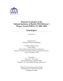 Outcome Evaluation of the National Institutes of Health (NIH) Director's Pioneer Award (NDPA), FY 2004-2005