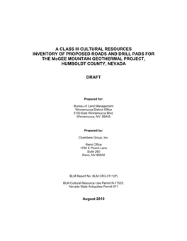 A CLASS III CULTURAL RESOURCES INVENTORY of PROPOSED ROADS and DRILL PADS for the Mcgee MOUNTAIN GEOTHERMAL PROJECT, HUMBOLDT COUNTY, NEVADA