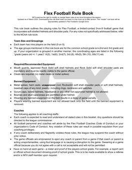 Flex Football Rule Book NFX Reserves the Right to Modify Or Change These Rules at Any Time Throughout the Season