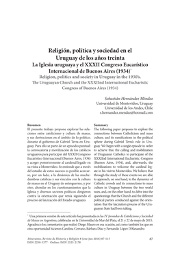 Religión, Política Y Sociedad En El Uruguay De Los Años Treinta La