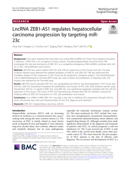 Lncrna ZEB1-AS1 Regulates Hepatocellular Carcinoma Progression by Targeting Mir-23C