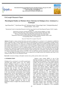 Physiological Studies on Moisture Stress Tolerance in Chickpea (Cicer Arietinum L.) Genotypes