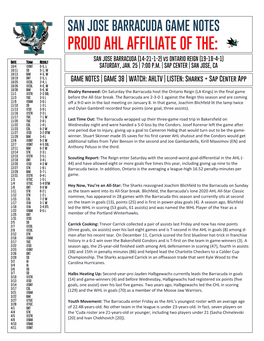 PROUD AHL AFFILIATE of THE: SAN JOSE BARRACUDA (14-21-1-2) Vs ONTARIO REIGN (19-18-4-1) J Date Team Result 10/4 @ONT 0-5, L SATURDAY, JAN