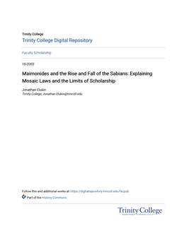 Maimonides and the Rise and Fall of the Sabians: Explaining Mosaic Laws and the Limits of Scholarship