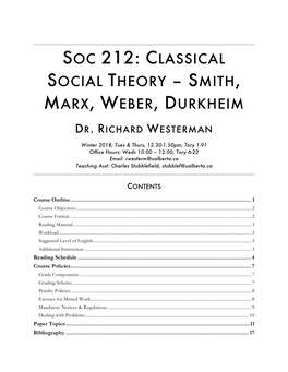 Soc 212: Classical Social Theory – Smith, Marx, Weber, Durkheim