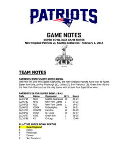 GAME NOTES SUPER BOWL XLIX GAME NOTES New England Patriots Vs