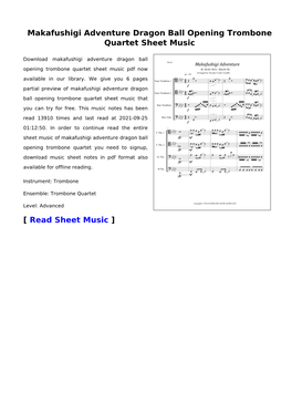 Makafushigi Adventure Dragon Ball Opening Trombone Quartet Sheet Music