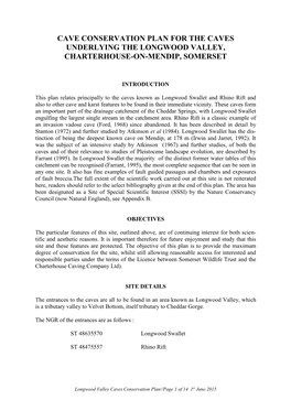 Cave Conservation Plan for the Caves Underlying the Longwood Valley, Charterhouse-On-Mendip, Somerset