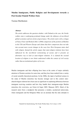 Muslim Immigrants, Public Religion and Developments Towards a Post-Secular Finnish Welfare State