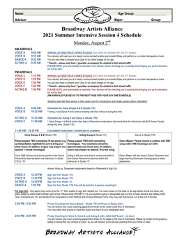 Broadway Artists Alliance 2021 Summer Intensive Session 4 Schedule