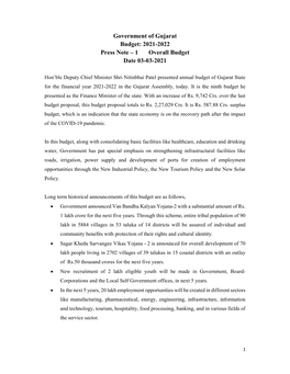 Government of Gujarat Budget: 2021-2022 Press Note – 1 Overall Budget Date 03-03-2021