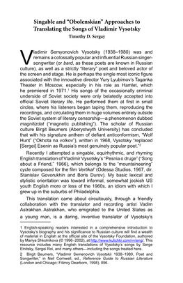 Approaches to Translating the Songs of Vladimir Vysotsky Timothy D