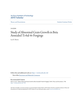 Study of Abnormal Grain Growth in Beta Annealed Ti-6Al-4V Forgings Lee R