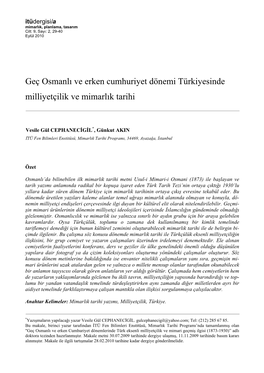 Geç Osmanlı Ve Erken Cumhuriyet Dönemi Türkiyesinde Milliyetçilik Ve Mimarlık Tarihi