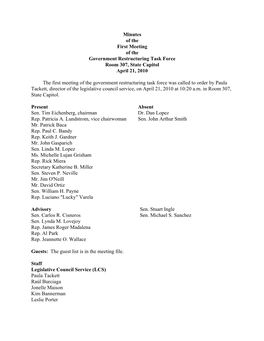 Minutes of the First Meeting of the Government Restructuring Task Force Room 307, State Capitol April 21, 2010