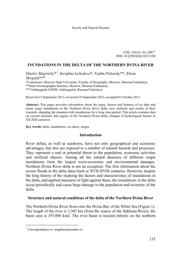 133 INUNDATIONS in the DELTA of the NORTHERN DVINA RIVER Dmitry Magritsky*1, Serafima Lebedeva*, Vadim Polonsky**, Elena Skripn