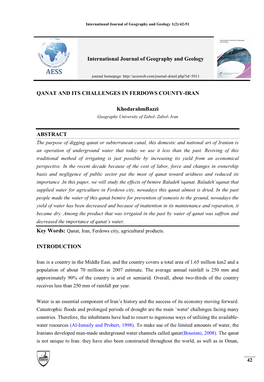 QANAT and ITS CHALLENGES in FERDOWS COUNTY-IRAN Khodarahmbazzi ABSTRACT INTRODUCTION International Journal of Geography and Geol