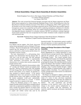 Critical Assemblies: Dragon Burst Assembly & Solution Assemblies