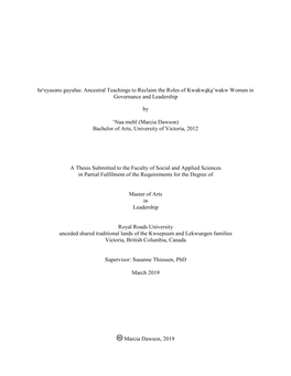 Ancestral Teachings to Reclaim the Roles of Kwakwaka’Wakw Women in Governance and Leadership