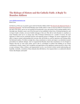 The Bishops of History and the Catholic Faith: a Reply to Brandon Addison Bryan Cross