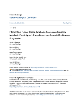 Filamentous Fungal Carbon Catabolite Repression Supports Metabolic Plasticity and Stress Responses Essential for Disease Progression