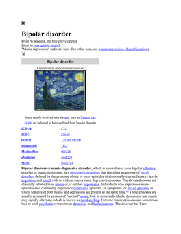 Bipolar Disorder from Wikipedia, the Free Encyclopedia Jump To: Navigation, Search 