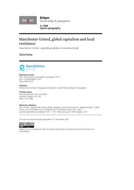 Manchester United, Global Capitalism and Local Resistance Manchester United : Capitalisme Global Et Résistance Locale