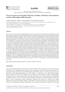 Four New Species of Coral Gobies (Teleostei: Gobiidae: Gobiodon), with Comments on Their Relationships Within the Genus