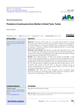 Prevalence of Canine Parvovirus Infection in Grand Tunis, Tunisia