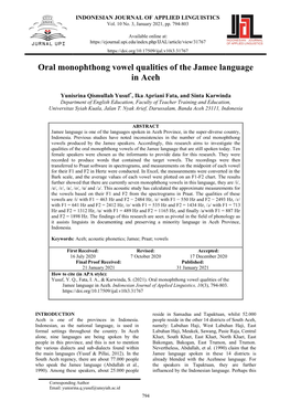 Oral Monophthong Vowel Qualities of the Jamee Language in Aceh
