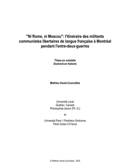 L'itinéraire Des Militants Communistes Libertaires De Langue Française À Montréal Pendant L'entre-Deux-Guerres