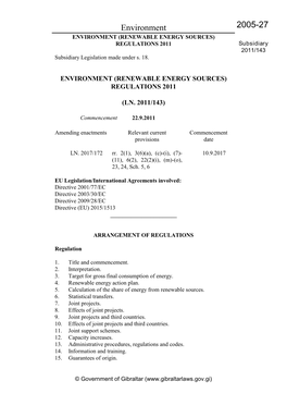 ENVIRONMENT (RENEWABLE ENERGY SOURCES) REGULATIONS 2011 Subsidiary 2011/143 Subsidiary Legislation Made Under S