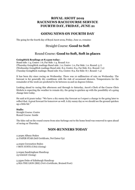 Royal Ascot 2019 Racenews Racecourse Service Fourth Day, Friday, June 21