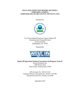 Final Site Inspection Report, Revision 1 Norwood Landfill Norwood, Delaware County, Pennsylvania